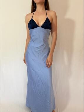 Light and Dark Blue Colorblock Halter Tie Back Chic Maxi Dress